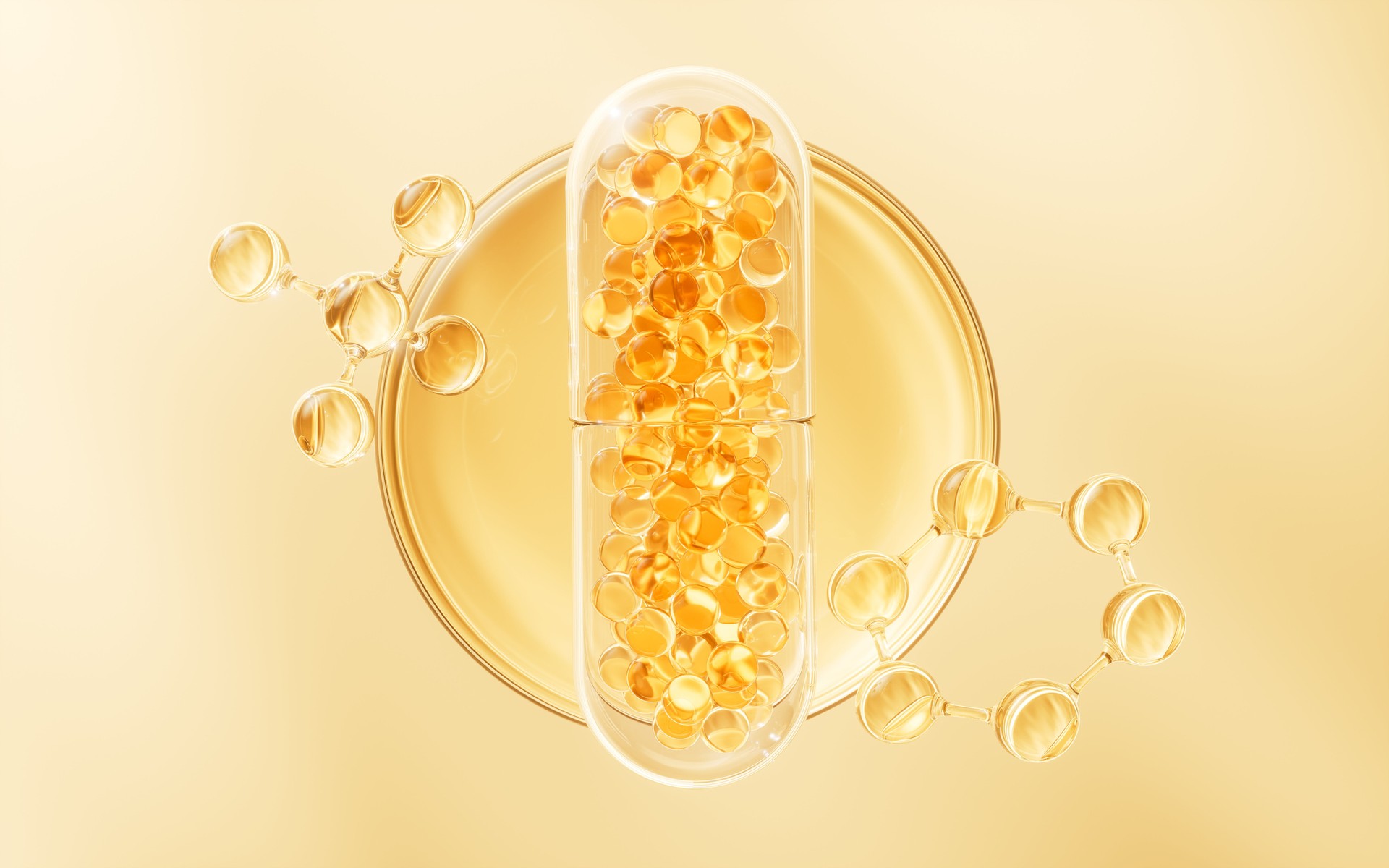 Golden capsule with biological concept, 3d rendering.
